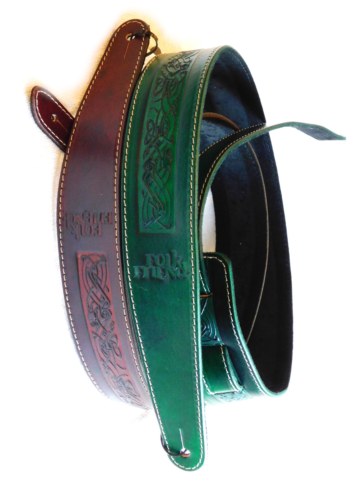 Folk Friend leather guitar straps with embossed Celtic pattern for sale in our Sheffield guitar shop Finale Guitar