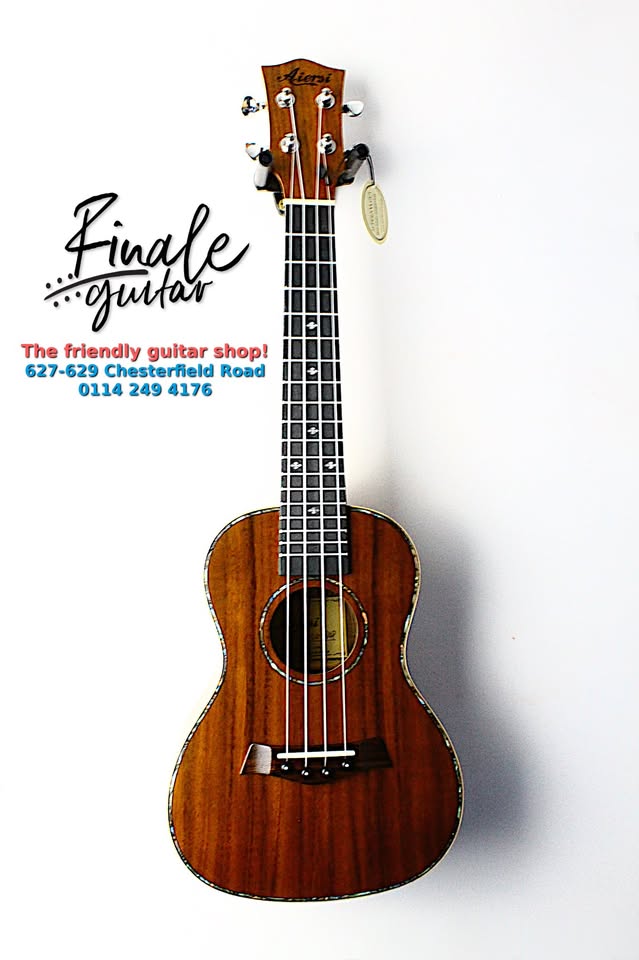 Aiersi SU074P Koa Concert Ukulele with compensated bone nut and saddle and beautiful abalone inlays for sale in our Sheffield Guitar Shop, Finale Guitar